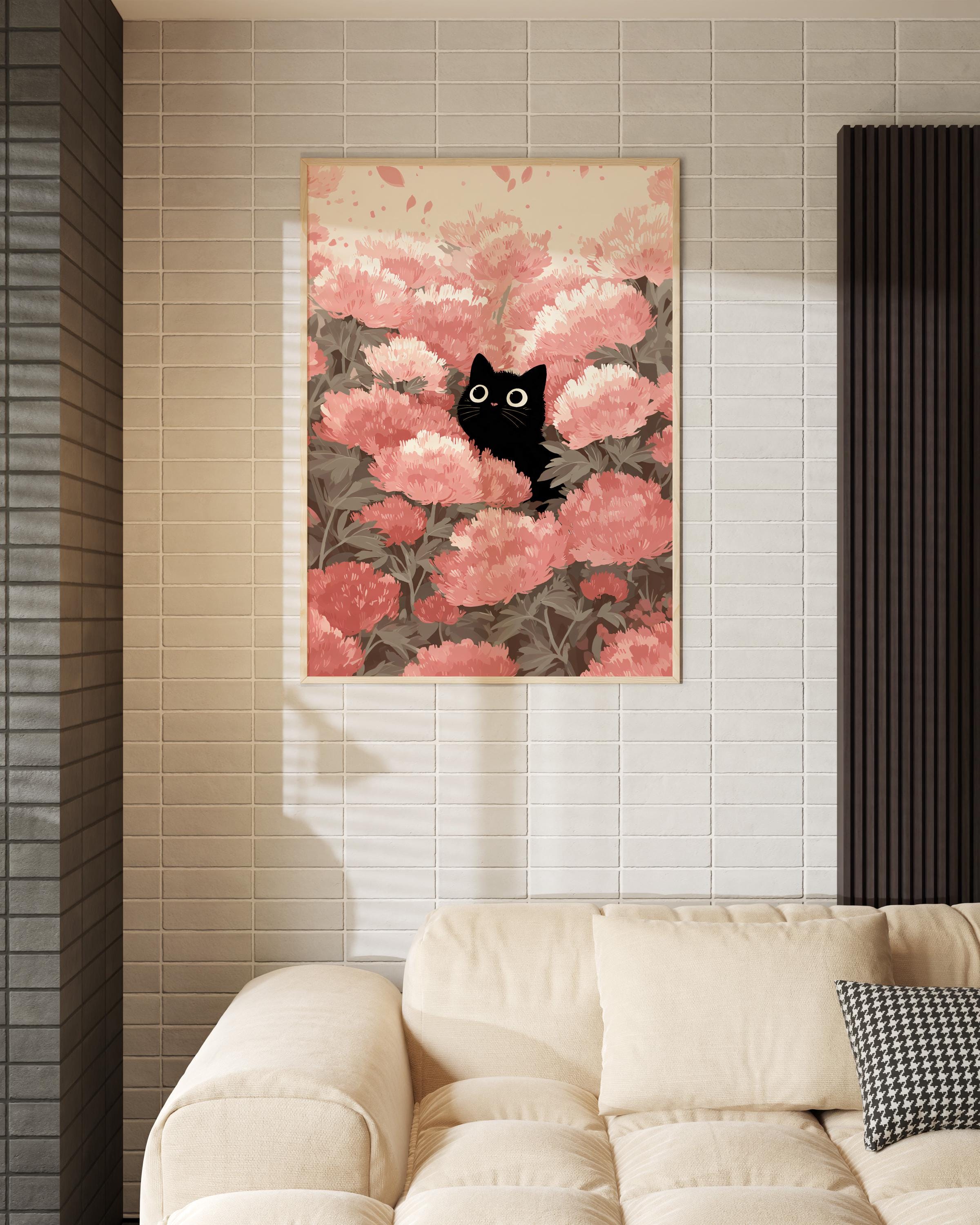 Black Cat Peonies Print – Whimsical Floral Wall Art - Etsy