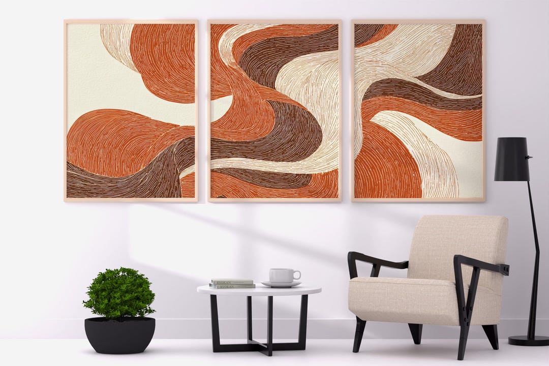 Abstract Wave Print Set • Orange Beige Triptych (digital Download