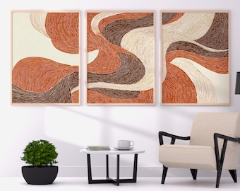 Abstract Wave Print Set • Orange Beige Triptych (digital Download