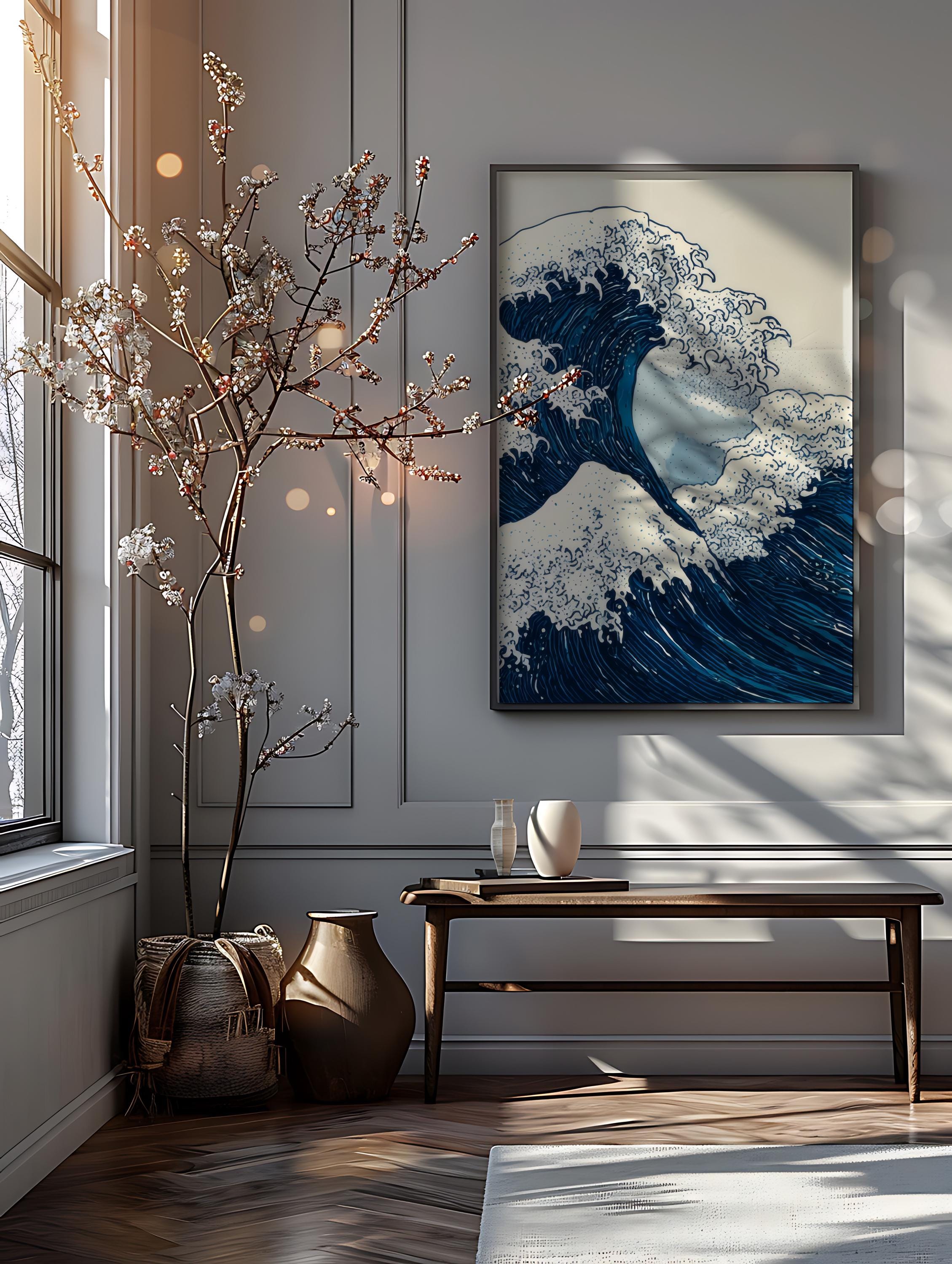 Blue Waves Japandi Triptych Wall Art, Japanese Ocean Poster Set of