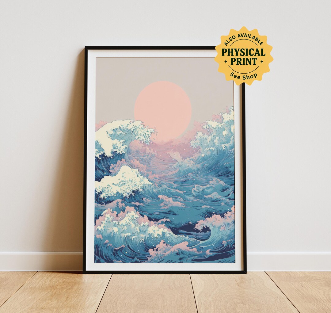 Japandi Wave Art Print: Pink Sun, Coastal Decor (digital Download