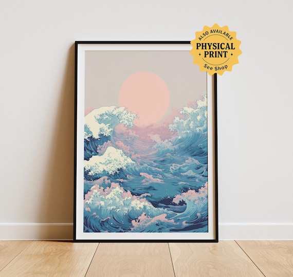 Japandi Wave Art Print: Pink Sun, Coastal Decor (digital Download