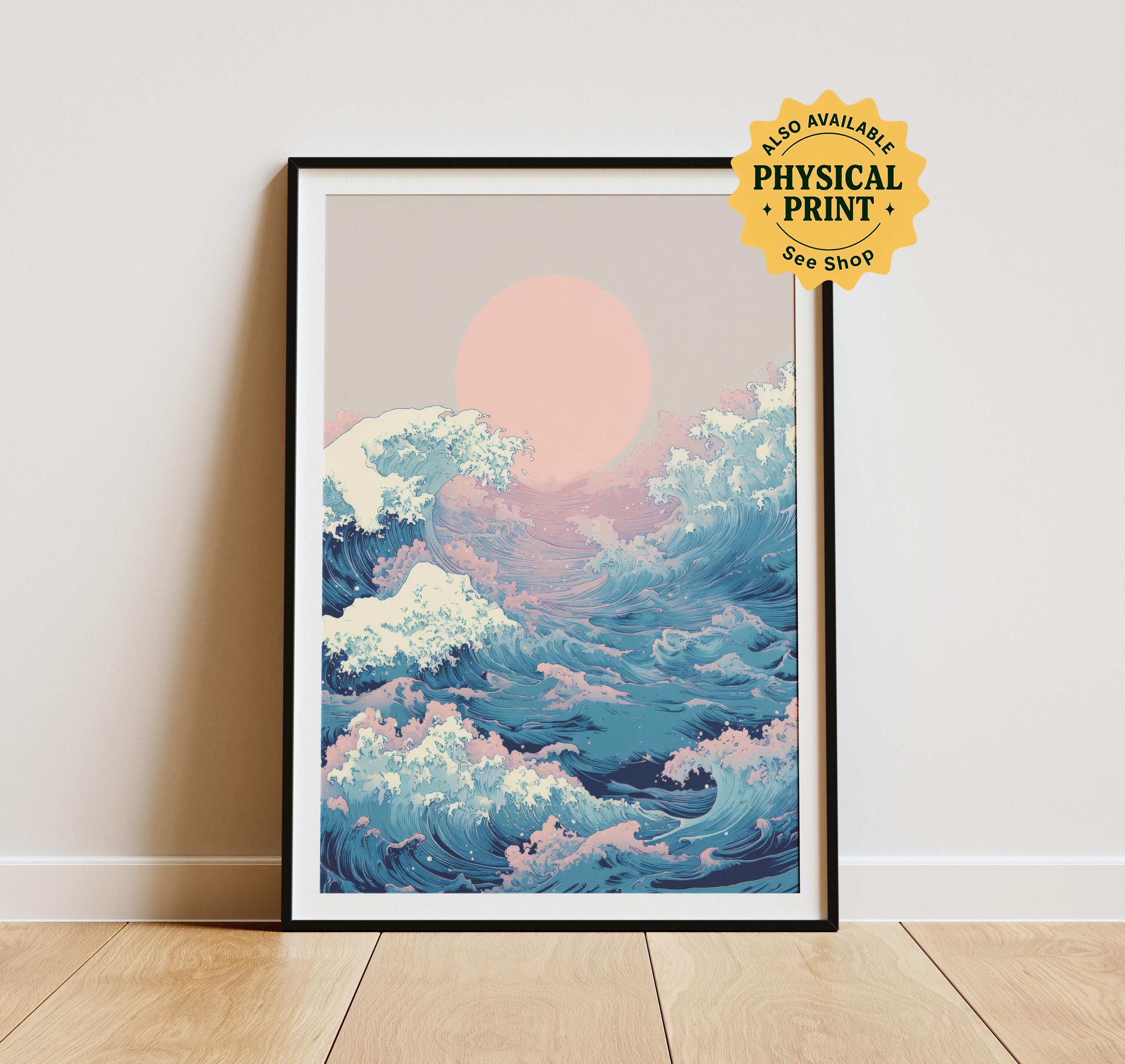 Japandi Wave Art Print: Pink Sun, Coastal Decor (digital Download
