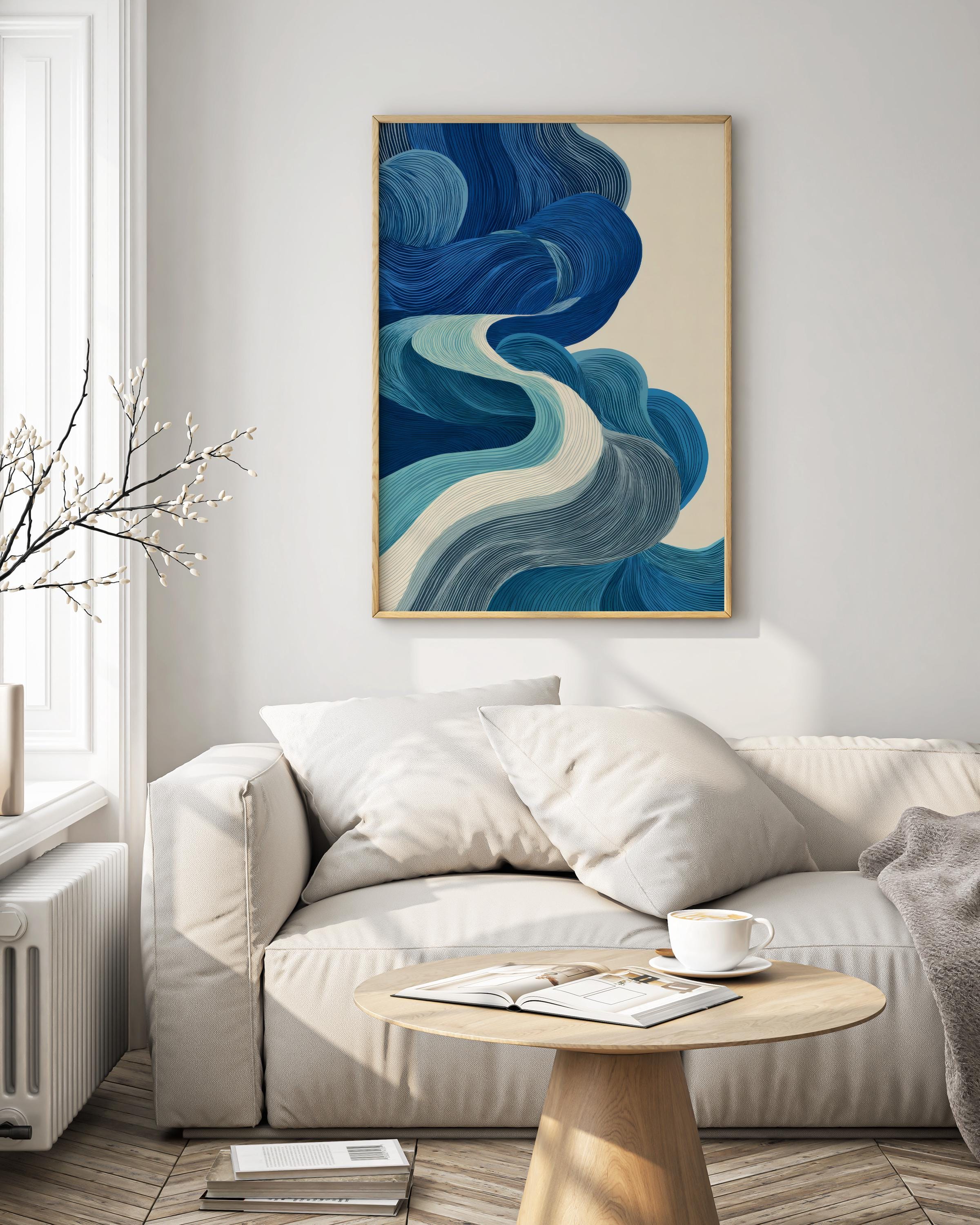 Blue Japandi Wave Wall Art – Minimalist Abstract Ocean Print, Japanese ...