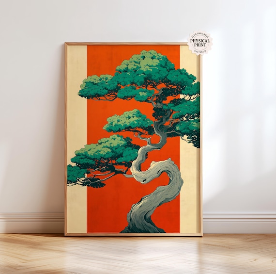 Japandi Bonsai Tree Print, Teal Green & Terracotta, Zen Wall Art