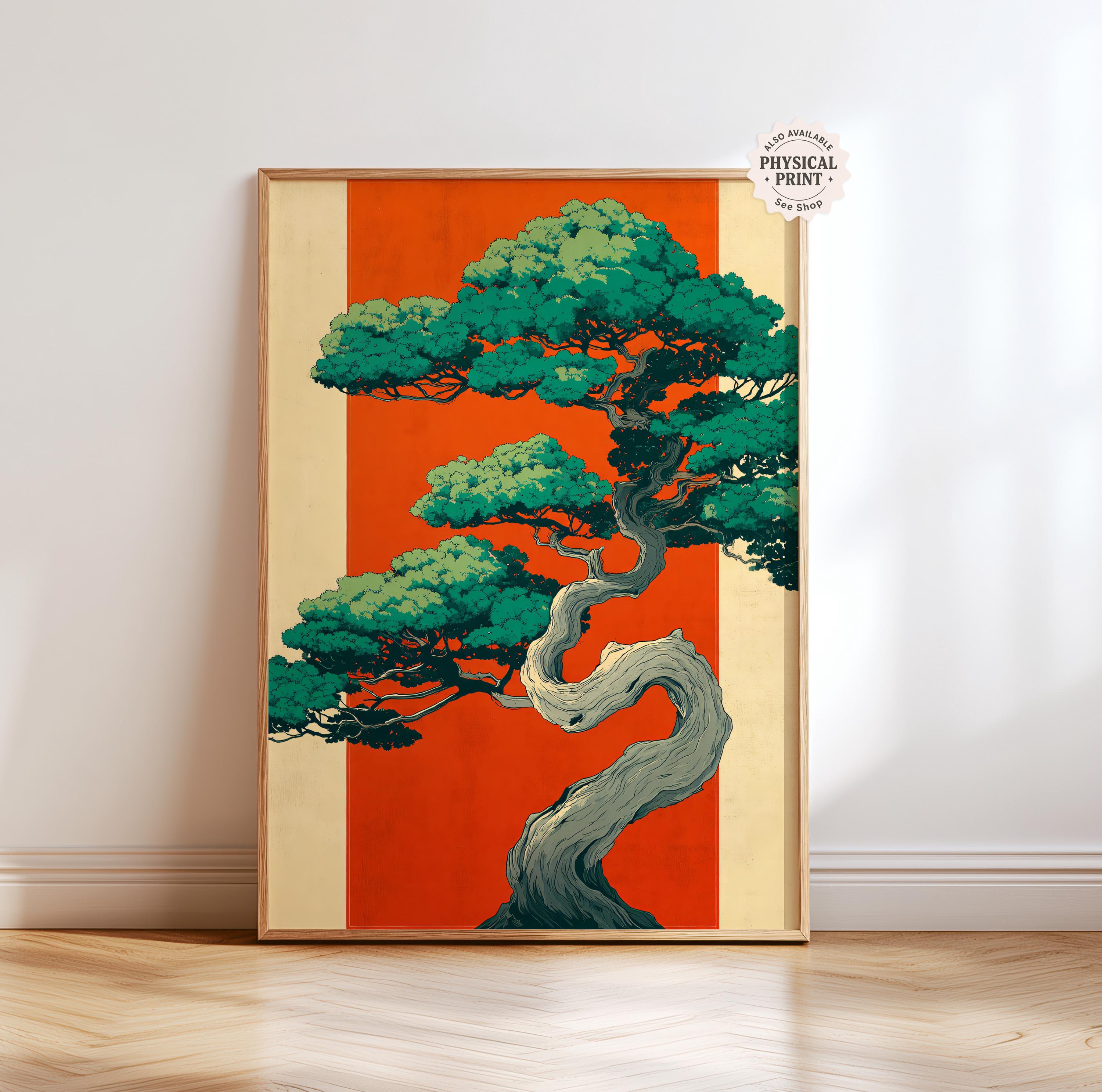 Japandi Bonsai Tree Print, Teal Green & Terracotta, Zen Wall Art