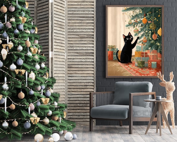 Black Cat Christmas Tree Print: Whimsical Holiday Wall Art - Etsy