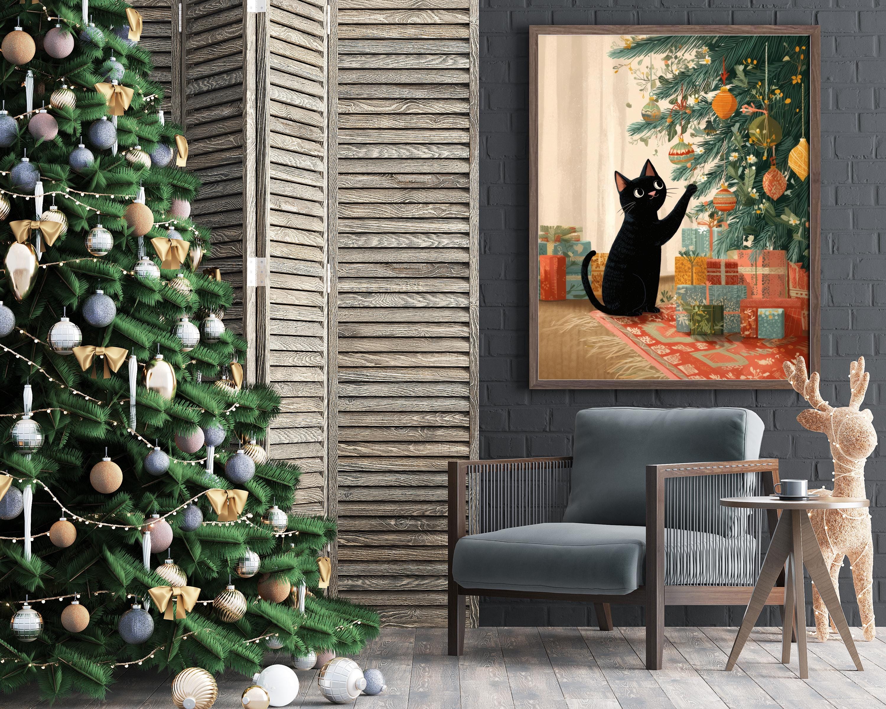 Black Cat Christmas Tree Print: Whimsical Holiday Wall Art - Etsy
