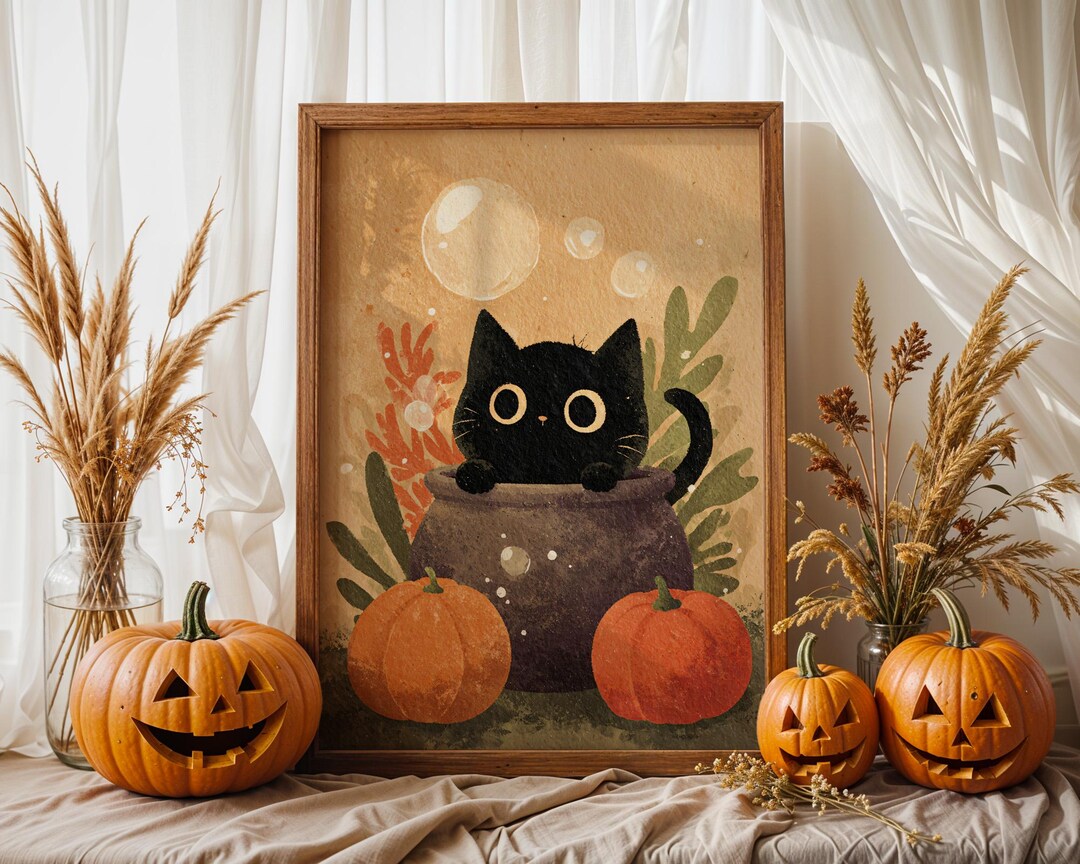 Halloween Black Cat Wall Art Print, Cat in Cauldron Poster, Cute Spooky ...