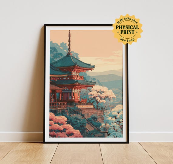 [美品] 五重塔 絵画風景画 アート 京都 京都の五重塔の版画：日本の寺院、桜のアート（デジタルダウンロード