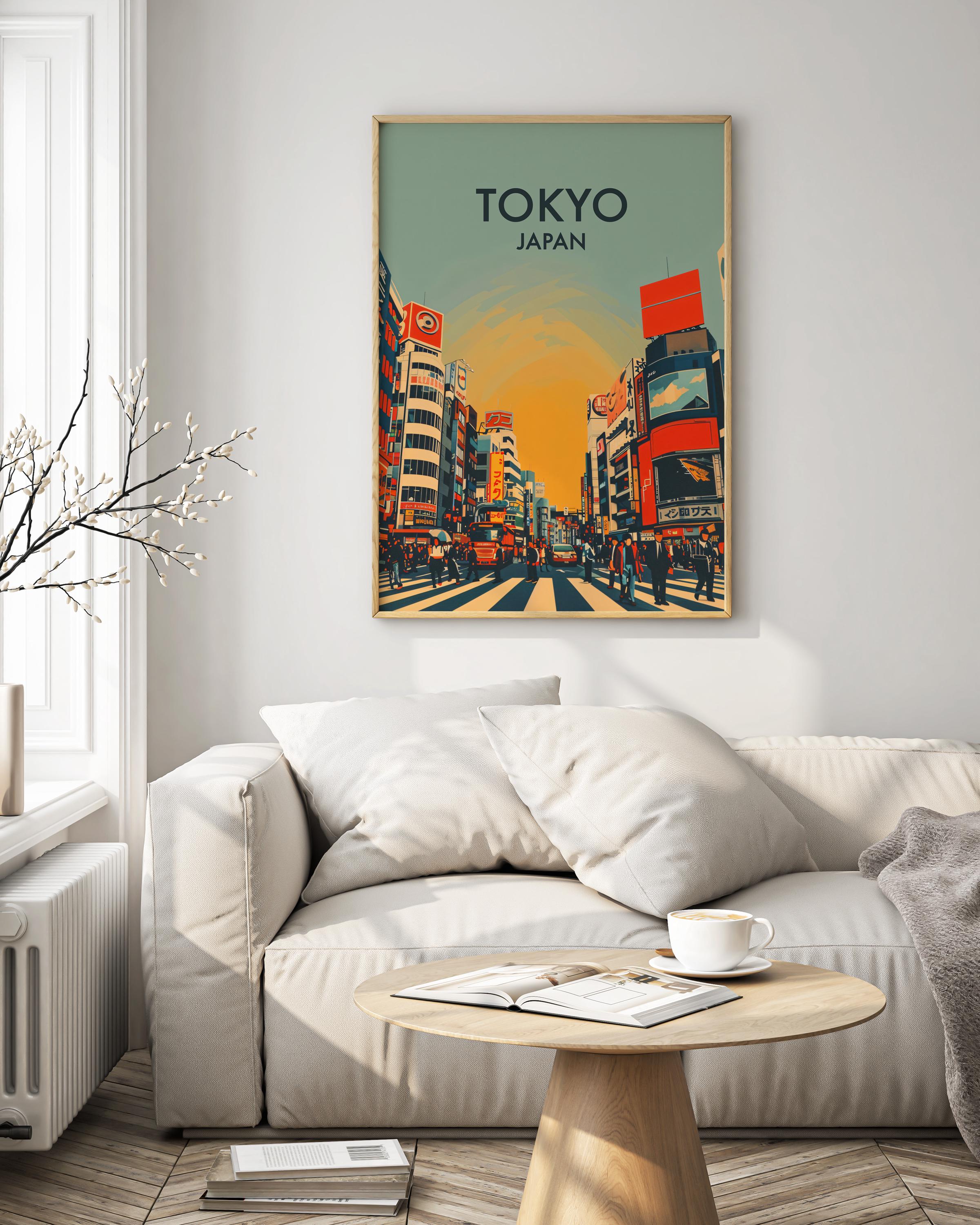 都市の風景 イラスト キャンバスアート Tokyo Cityscape Poster: Retro Shibuya Crossing Japan Wall Art