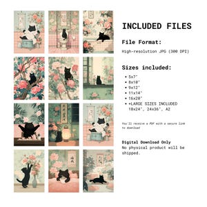 May include: A collection of digital art prints featuring black cats in various scenes, including a bathroom, a window, and a bed. The prints have a vintage aesthetic with floral backgrounds and are available in multiple sizes.