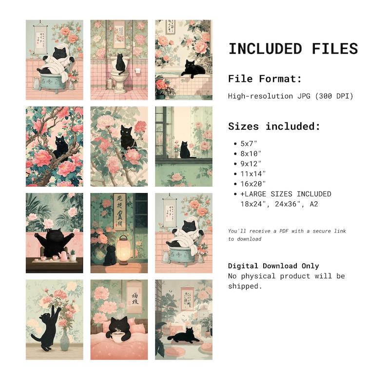 May include: A collection of digital art prints featuring black cats in various scenes, including a bathroom, a window, and a bed. The prints have a vintage aesthetic with floral backgrounds and are available in multiple sizes.