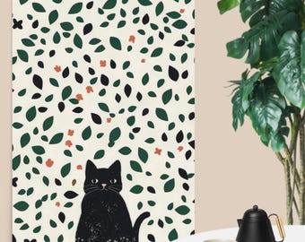Autumn Black Cat Poster – Minimalist Botanical Fall Leaves Wall Art Print, Scandinavian Cat Decor