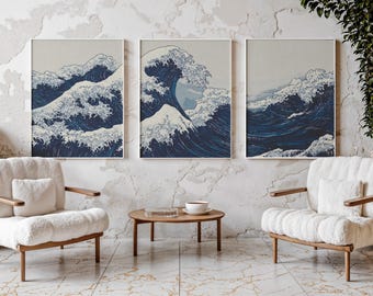 Blue Waves Japandi Triptych Wall Art, Japanese Ocean Poster Set of
