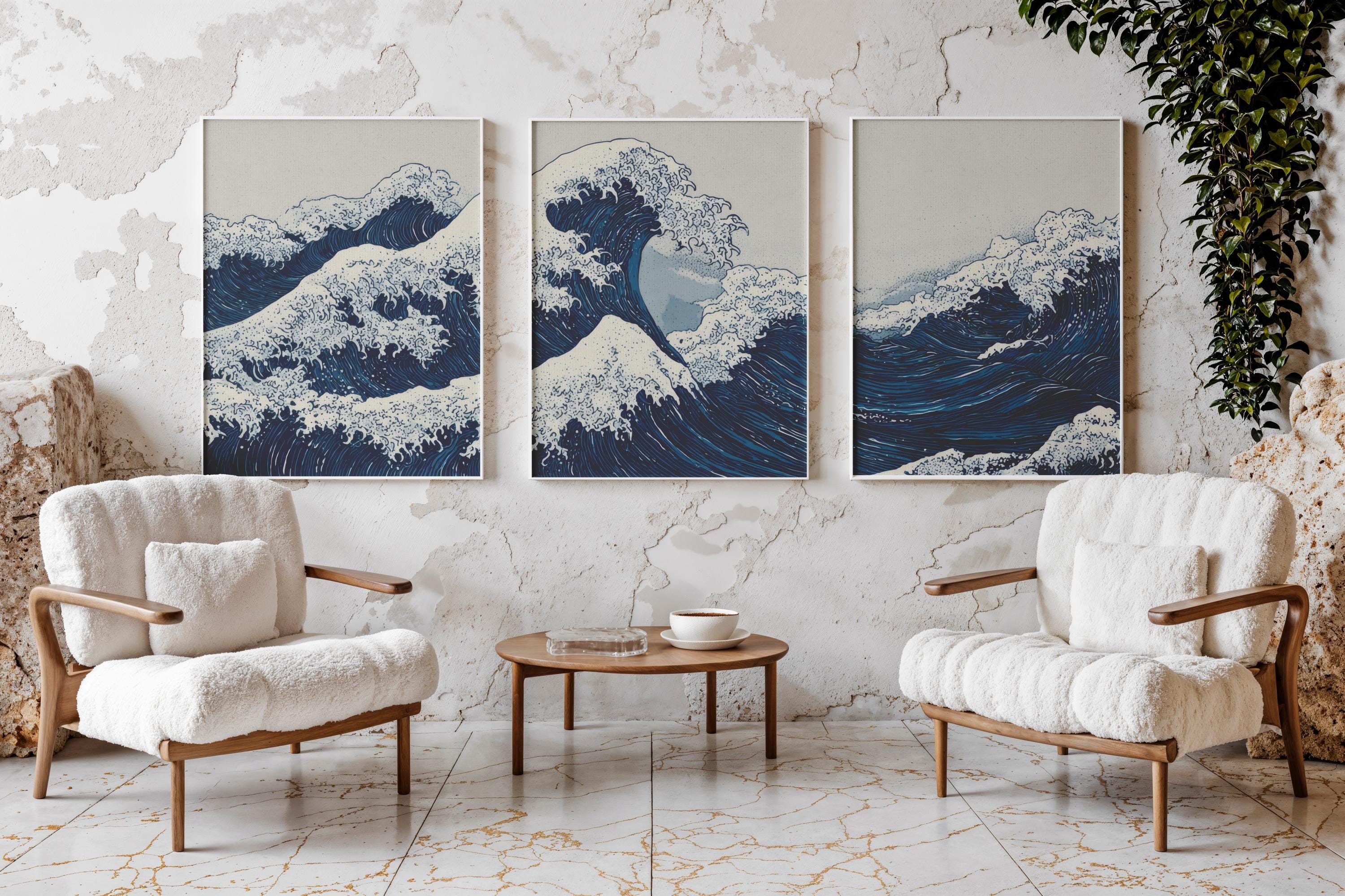Blue Waves Japandi Triptych Wall Art, Japanese Ocean Poster Set of