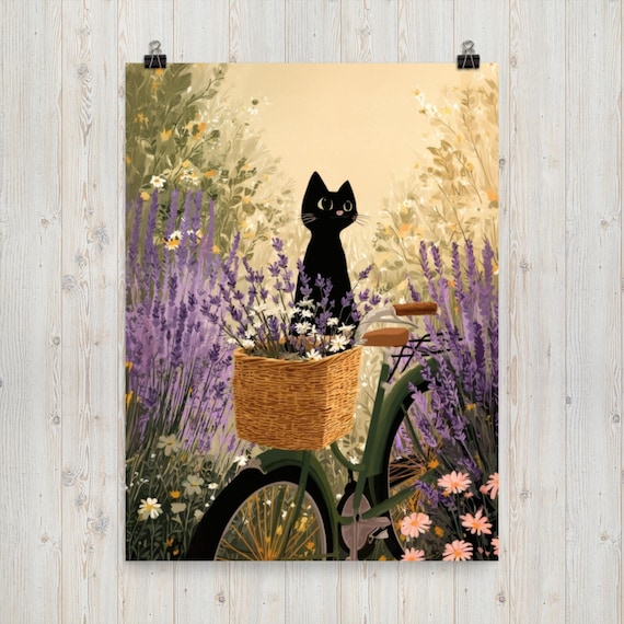 Black Cat in Basket – Lavender Bicycle Cottagecore Wall Art Poster