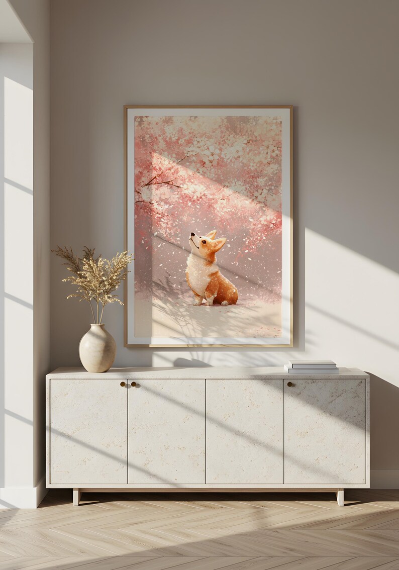 Puede incluir: Una impresi&oacute;n art&iacute;stica enmarcada con un perro corgi mirando hacia arriba, sobre un fondo de flores de cerezo rosas. La obra de arte se exhibe sobre un mueble blanco con un jarr&oacute;n de flores secas.
