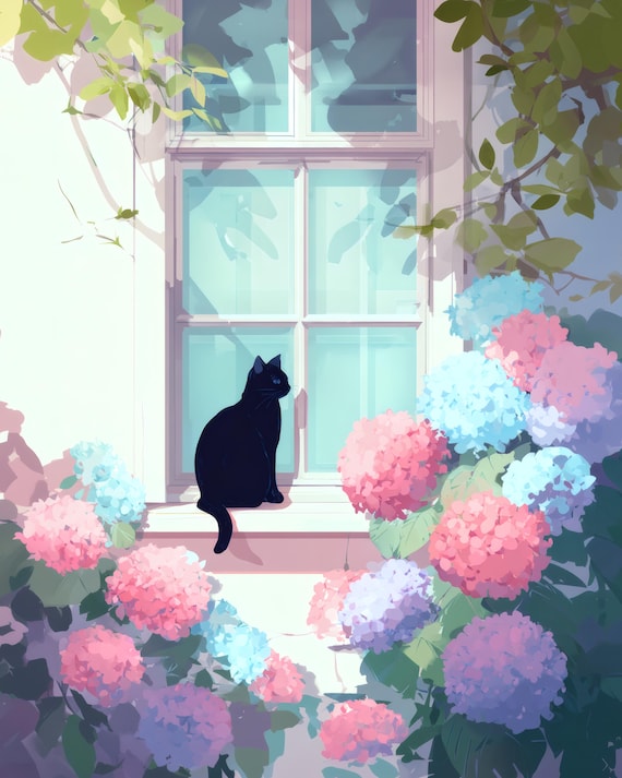 黒猫のアジサイプリント：レトロな花の窓辺のアート（デジタル