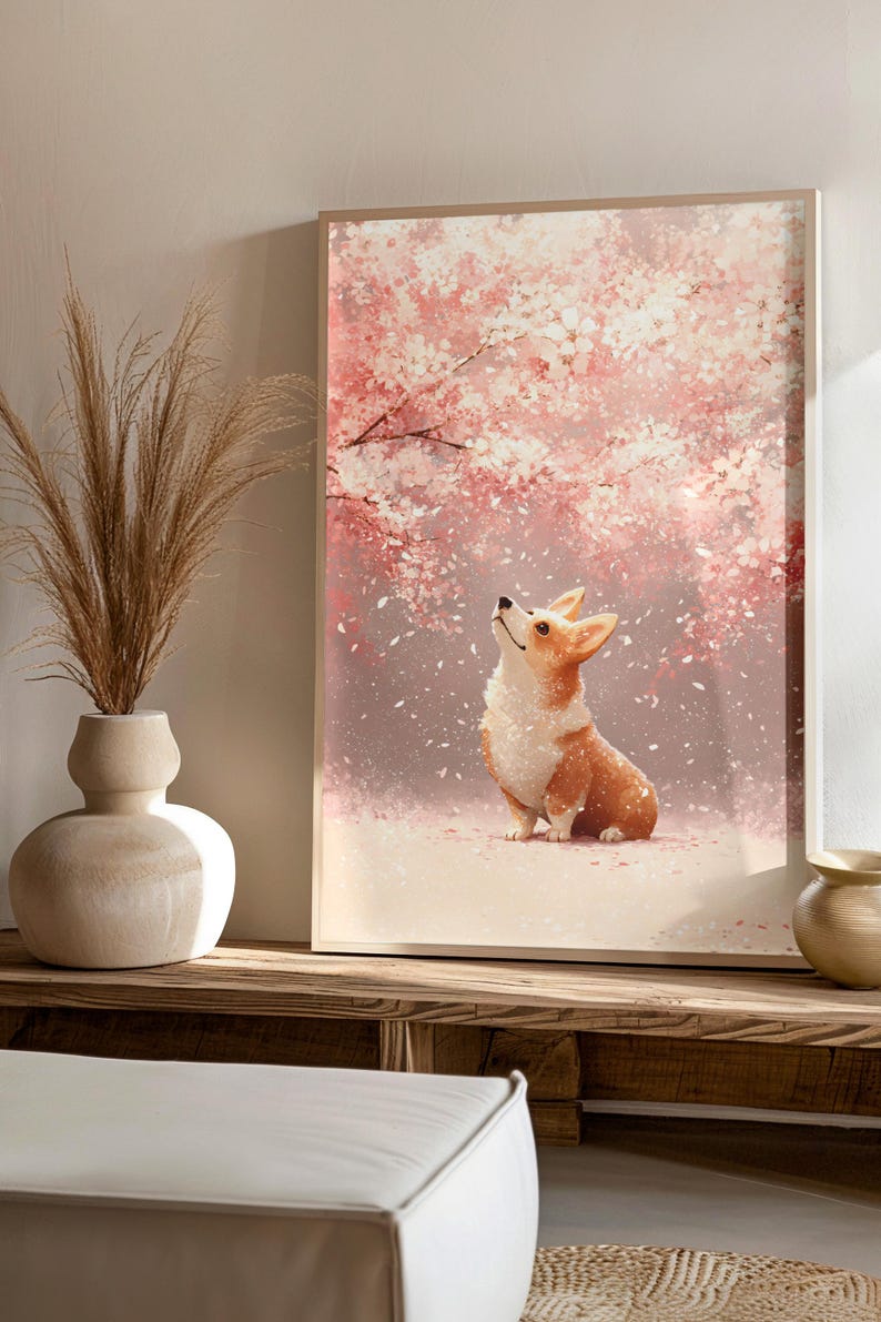 Puede incluir: Una impresi&oacute;n art&iacute;stica enmarcada que presenta un perro corgi mirando hacia arriba bajo un cerezo en flor. La obra de arte tiene un estilo suave y pict&oacute;rico con tonos de rosa, blanco y marr&oacute;n. La impresi&oacute;n se exhibe en una estanter&iacute;a de madera con elementos decorativos.