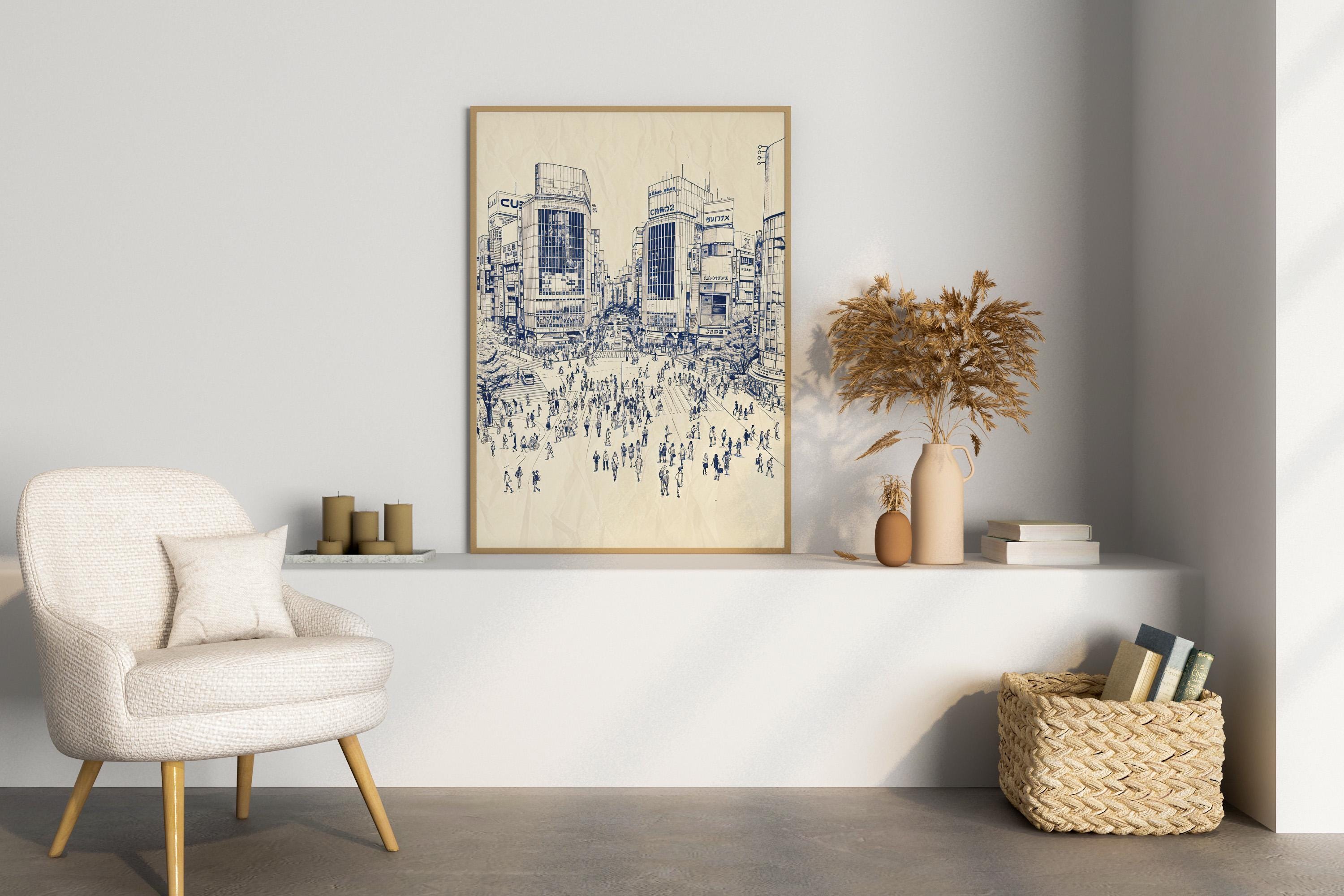 Tokyo Shibuya Crossing Poster – Ink Sketch Line Art Japan, Urban