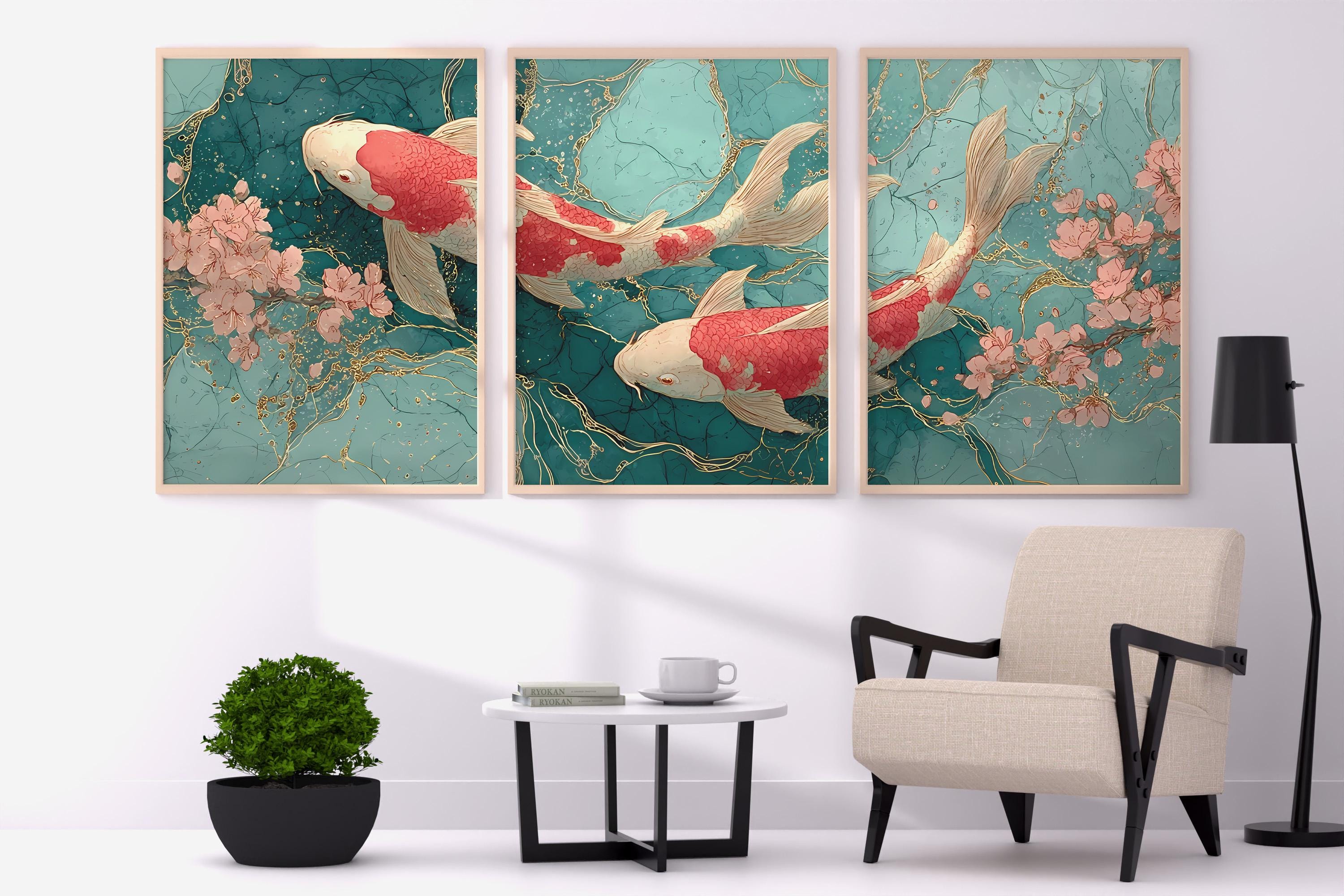Japandi Koi Fish Triptych: Zen Wall Art Print Set (digital