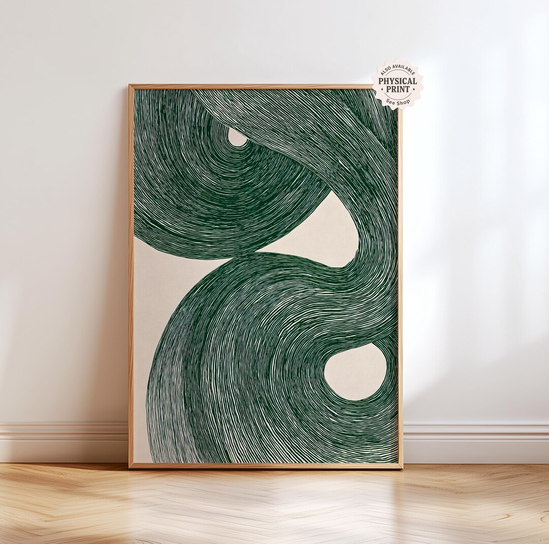 Deep Green Abstract Wave Wall Art, Japandi Minimalist Poster, Japanese ...