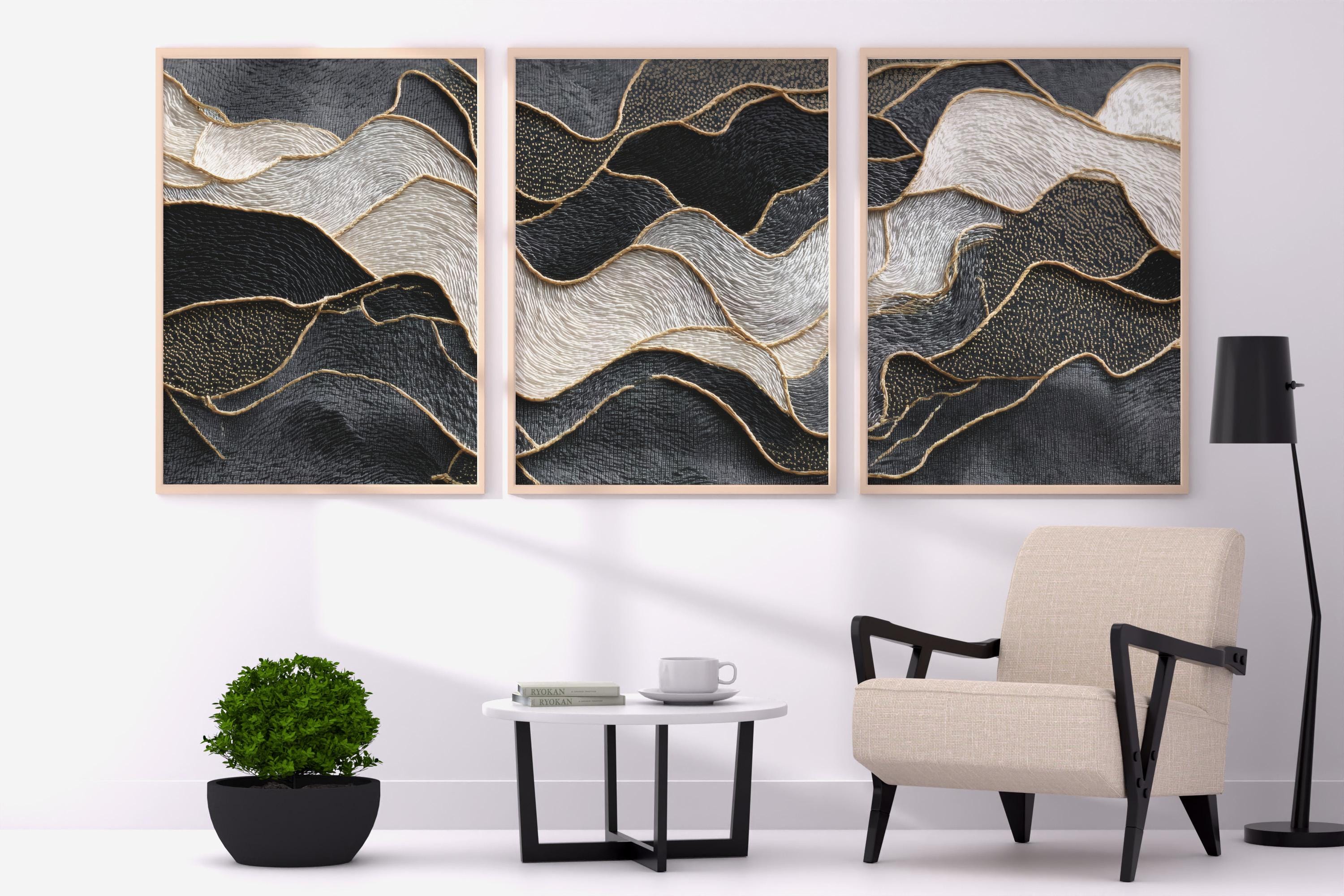 Japandi Embroidery Art Triptych: Black Beige Gold Texture (digital