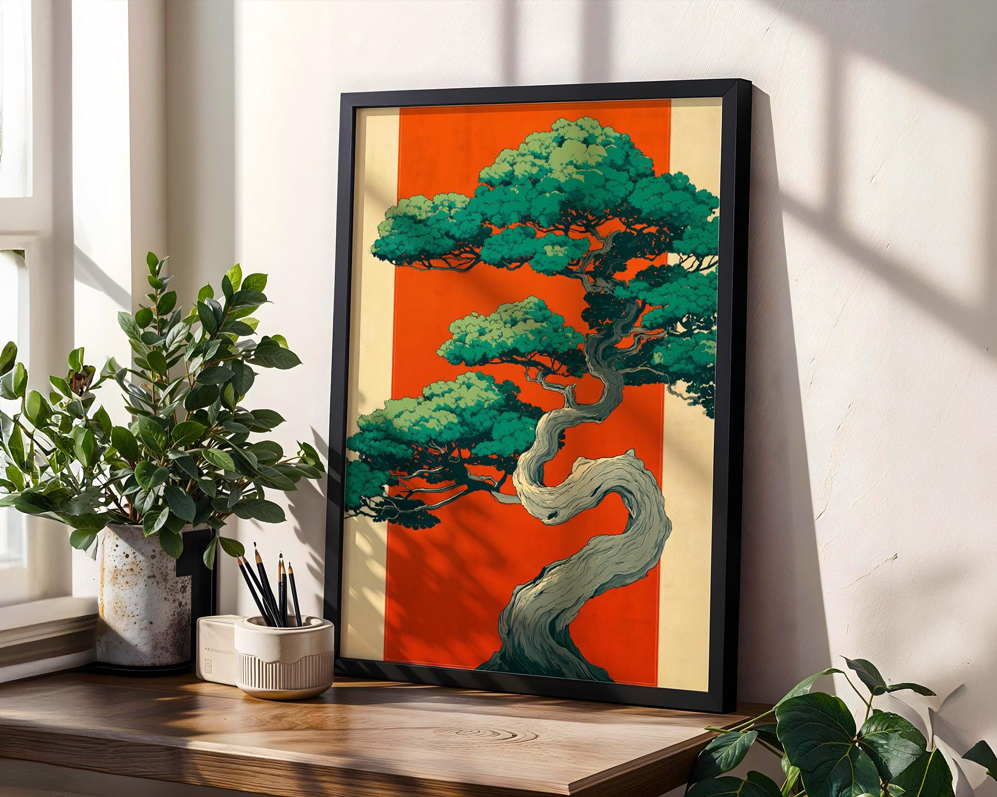 Japandi Bonsai Tree Print, Teal Green & Terracotta, Zen Wall Art