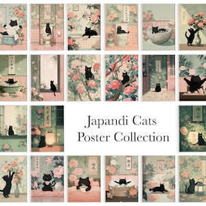 May include: A collection of Japandi Cats posters. Each poster features a black cat in various settings, such as a bathroom, a floral garden, or a bedroom. The posters have a vintage aesthetic with soft colors and floral patterns.