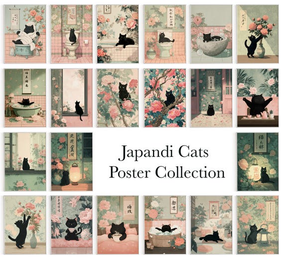 Japandi Black Cat Poster Set, Japanese Floral Prints (Digital Download)