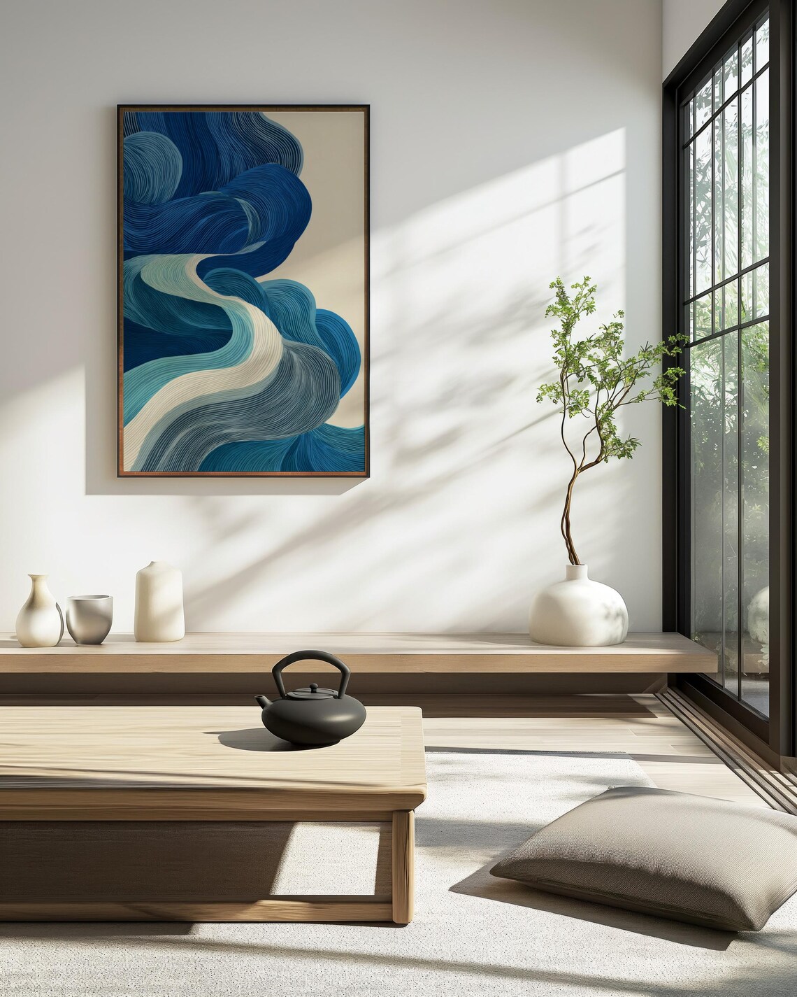Blue Japandi Wave Wall Art – Minimalist Abstract Ocean Print, Japanese ...