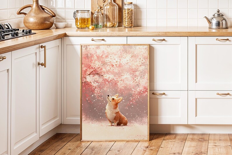 Puede incluir: Una impresi&oacute;n enmarcada en acuarela que presenta un perro corgi mirando hacia arriba a un cerezo en flor. La obra de arte tiene una paleta de colores pastel suaves de rosa, blanco y marr&oacute;n. El marco es de color marr&oacute;n claro.
