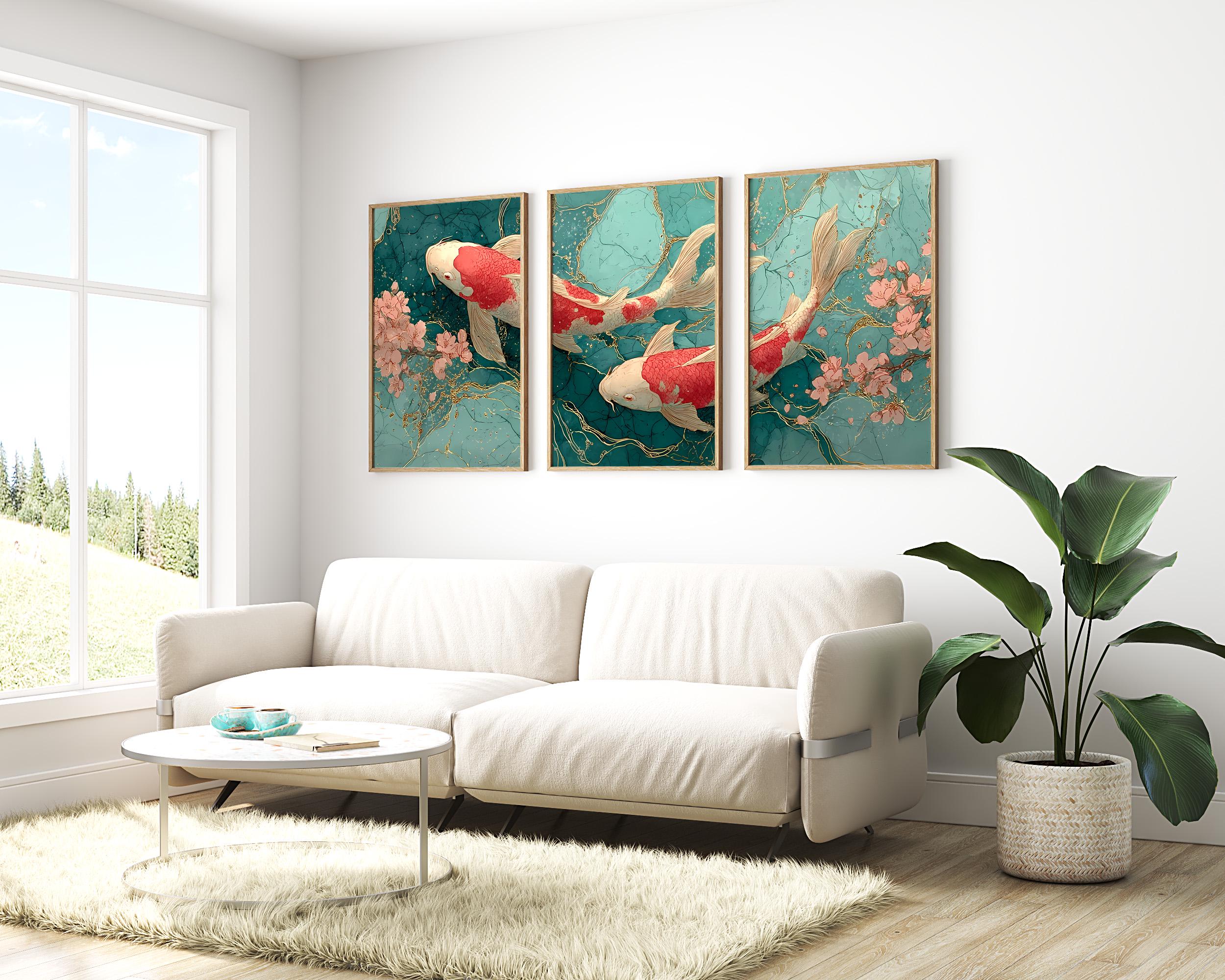 Japandi Koi Fish Triptych: Zen Wall Art Print Set (digital