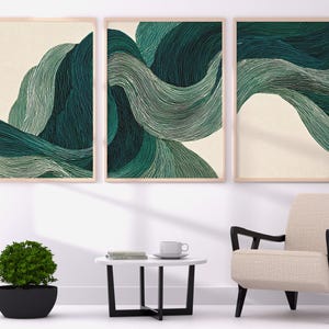 Grün Abstrakt Wellen Triptychon • Japandi Minimalistische Wand Kunst (Digitaler Download)