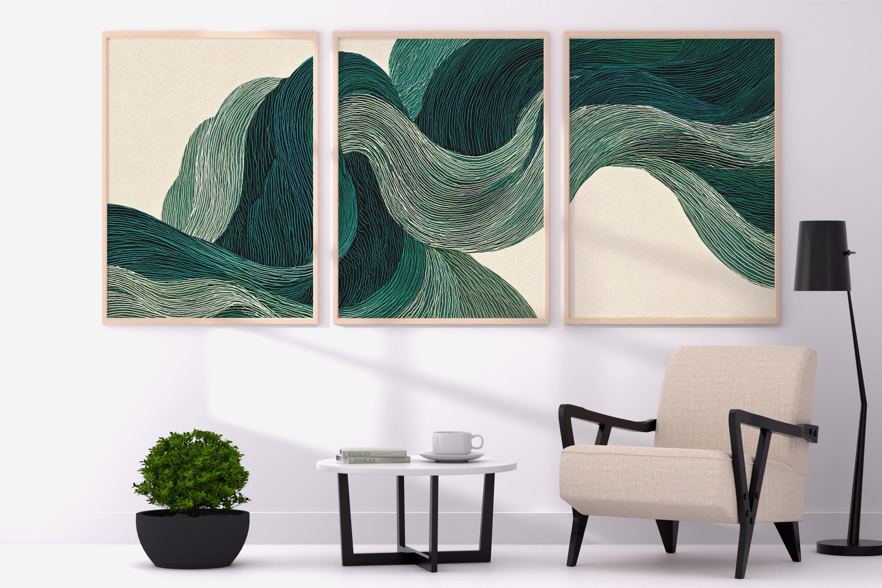 Green Abstract Waves Triptych • Japandi Minimalist Wall Art