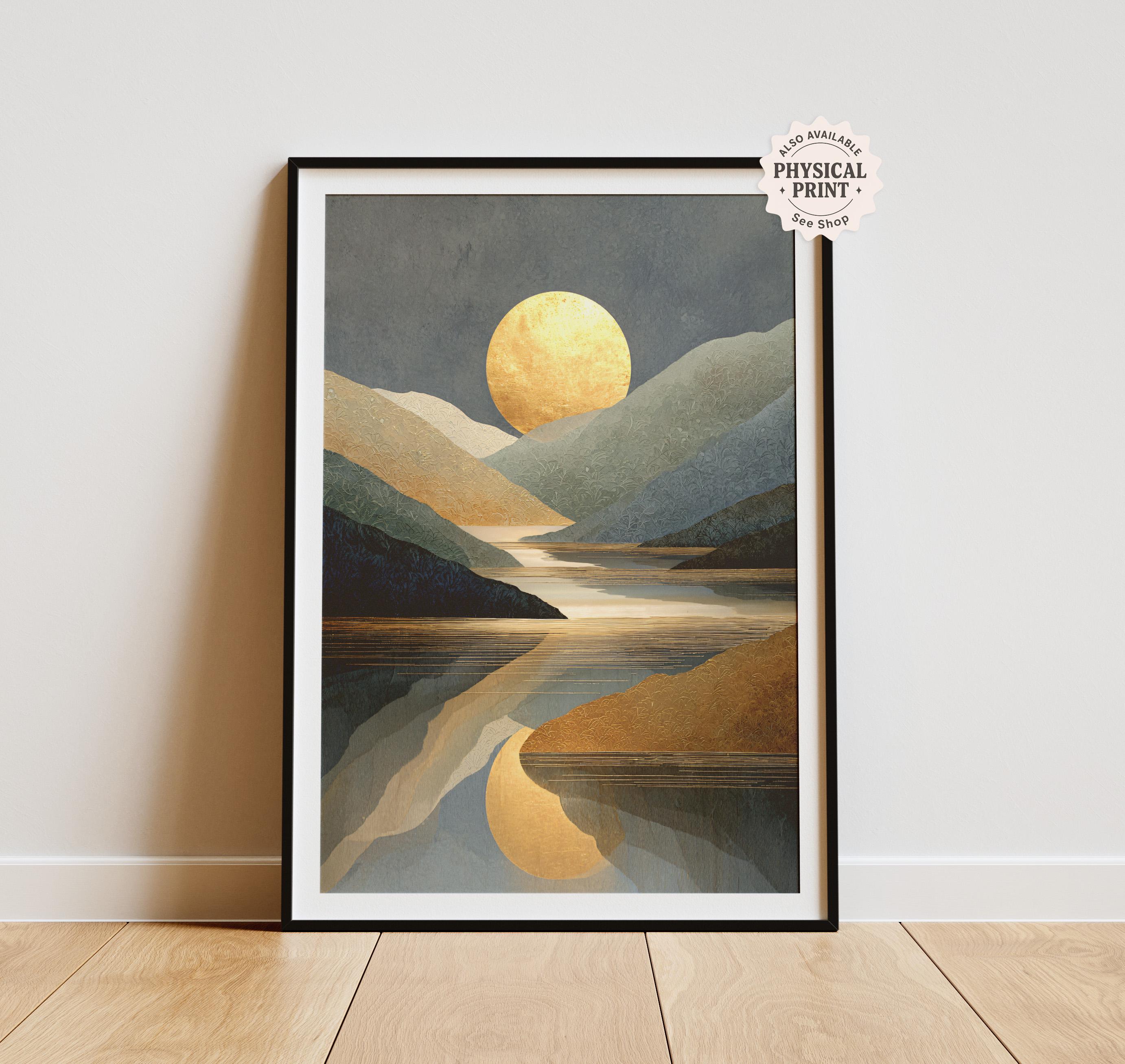 Japandi Moon Poster – Golden Moon Reflection Print, Minimalist Zen