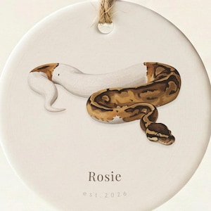 Op de afbeelding: Ronde, witte keramische ornament met een aquarel illustratie van een bruine en witte slang. Het ornament heeft een jute touw hanger. De naam "Rosie" en het jaar "est. 2026" zijn gedrukt.