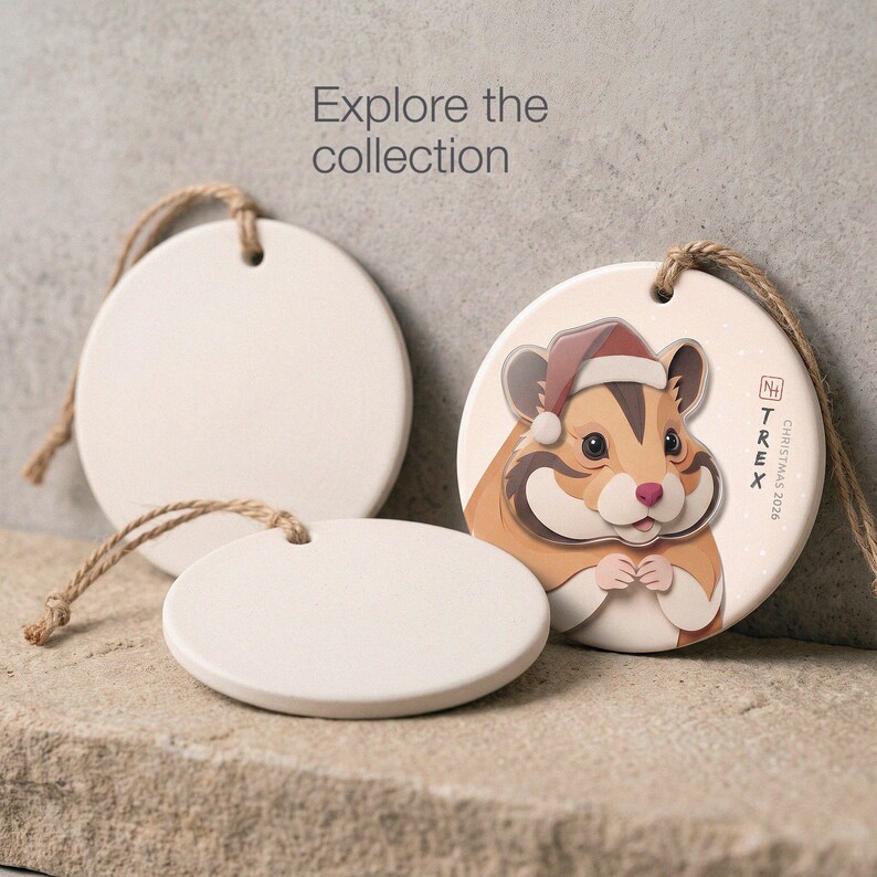 Editorial collection scene with one finished personalized hamster ornament and two blank ornaments reserved for future hamster series designs.