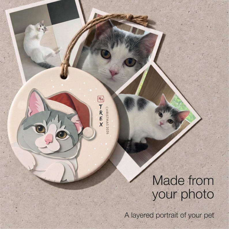 Personalized cat ornament beside the original grey-and-white cat photos, showing how the customer’s pet photo becomes a layered portrait.