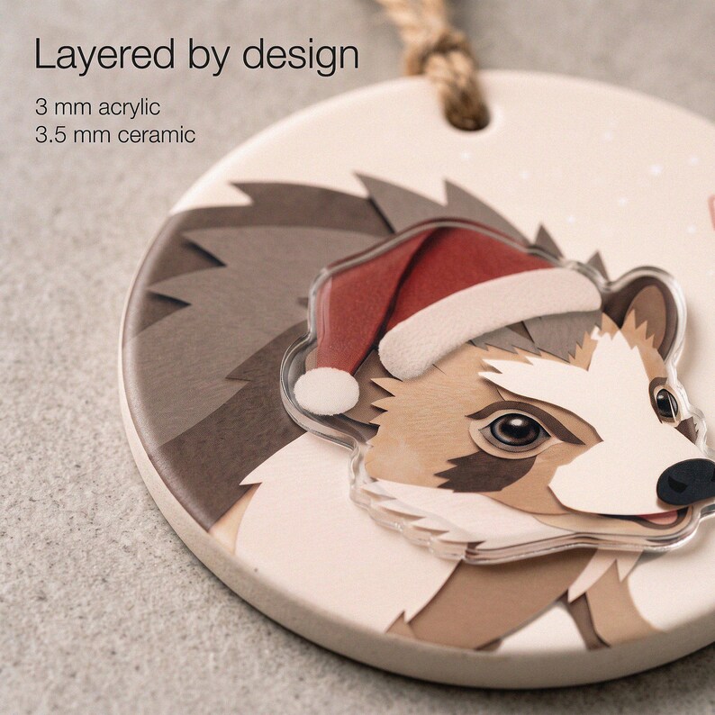 Close-up of a custom hedgehog ornament showing printed paper-cut shading, a 3.5 mm ceramic base and a separate 3 mm clear acrylic portrait layer.