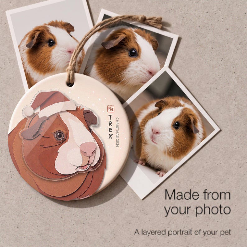 Custom guinea pig ornament beside the original pet photographs, showing how the customer reference photo becomes a layered portrait.