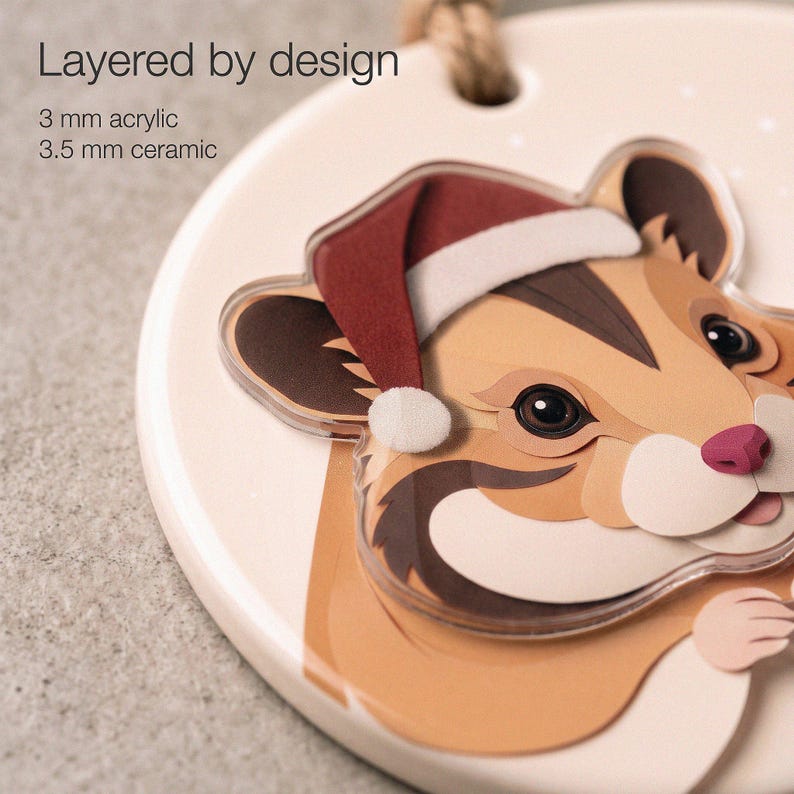 Close-up of a custom hamster ornament showing printed paper-cut shading, a 3.5 mm ceramic base and a separate 3 mm clear acrylic portrait layer.