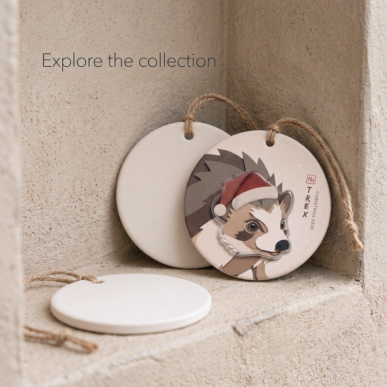 Editorial collection scene with one finished personalized hedgehog ornament and two blank ornaments reserved for future hedgehog series designs.