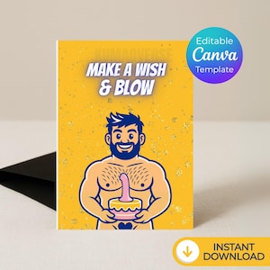 Editable Gay Birthday Card – Make a Wish & Blow | Editable Canva Template | Funny gay gift | LGBTQ Printable Card,  Instant Download