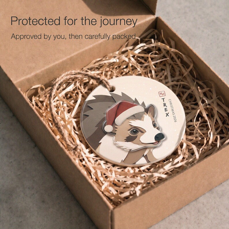 Personalized hedgehog Christmas ornament protected inside a kraft box with paper filling, ready for careful shipping after design approval.