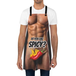 Funny Gay Apron for Men | Cheeky Kitchen Wear with Muscular Print, Flaming Chili Pepper | Sexy BBQ Apron for Couples, Party Gift