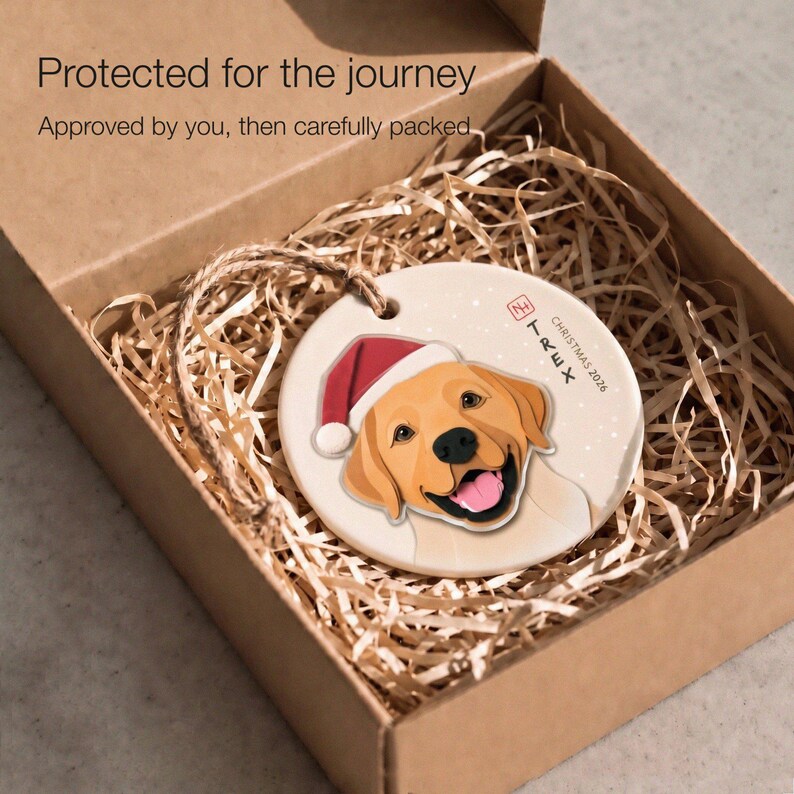 Personalized dog ornament packed in a kraft box with protective paper filling, ready for careful shipping after the customer approves the design proof.