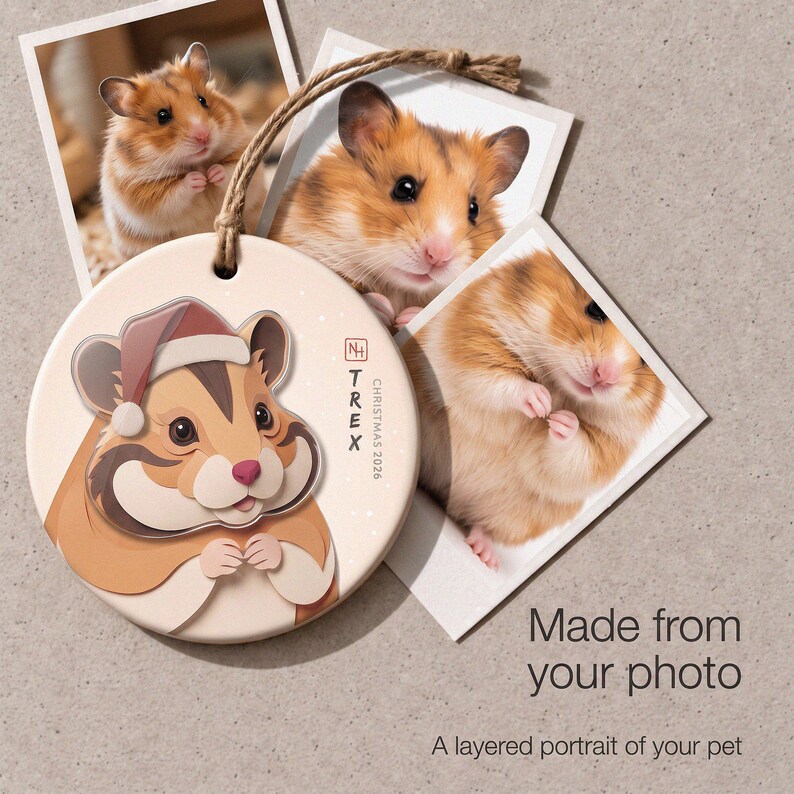 Custom hamster ornament beside the original pet photographs, showing how the customer reference photo becomes a layered portrait.