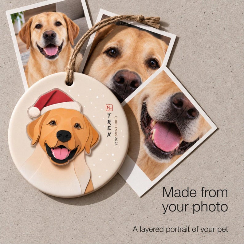 Custom dog ornament beside original golden Labrador photographs, showing the pet portrait translated from the customer reference photo.